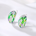 Green Geometric Floral Pattern 925 Sterling Silver Enamel Huggie Earrings