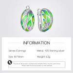 Green Geometric Floral Pattern 925 Sterling Silver Enamel Huggie Earrings