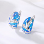 Blue Leaves Oval Geometric Type 925 Sterling Silver Enamel Huggie Earrings