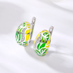 Green & Yellow Foliage Flowers Oval 925 Sterling Silver Enamel Huggie Earrings