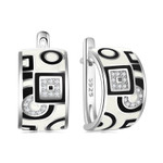 Black & White Circle Center Square Inlaid Zircon Geometric 925 Sterling Silver Enamel Huggie Earrings