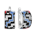 Blue Geometric Checkered Pattern 925 Sterling Silver Enamel Huggie Earrings