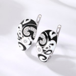 Black & White Geometric Mosaic Zircon 925 Sterling Silver Enamel Huggie Earrings