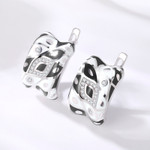 Black & White Simple Geometric 925 Sterling Silver Enamel Huggie Earrings