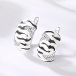 White Tiger Print with Zirconia Geometric 925 Sterling Silver Enamel Huggie Earrings