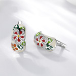 Red Flowers & Green Leaves Inlaid with Zircon 925 Sterling Silver Enamel Huggie Earrings