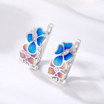 Silver Edge Flower Petal Vintage Blue Enamel Huggie Earrings