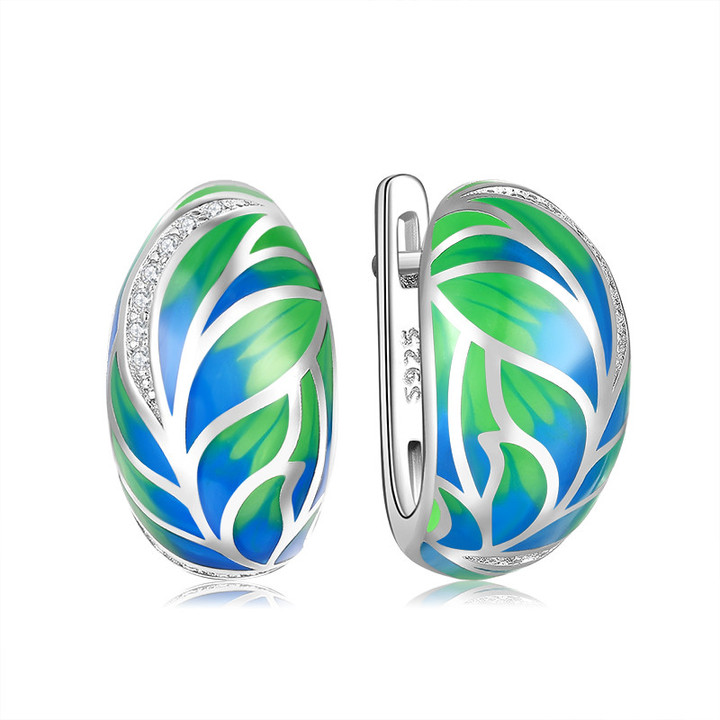 Crystal Green Leaves 925 Sterling Silver Enamel Huggie Earrings