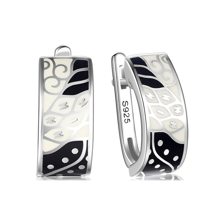 Geometric Black & White 925 Sterling Silver Enamel Huggie Earrings