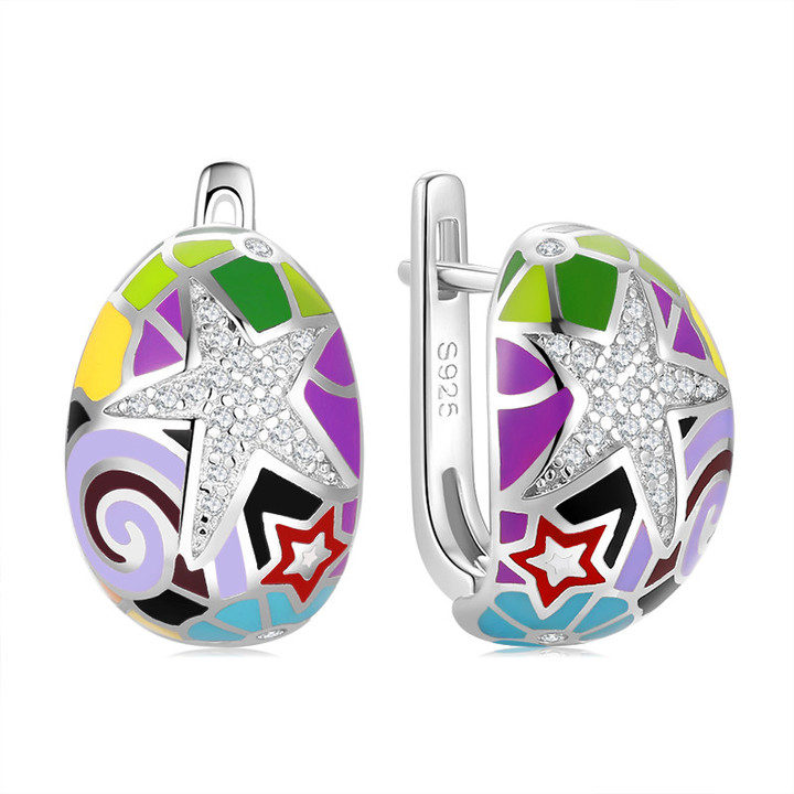 Drop-Shaped Inlaid Zircon Pentagram Geometric Pattern 925 Sterling Silver Enamel Huggie Earrings