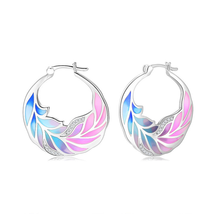 Blue Pink Feather 925 Sterling Silver Hook Earrings