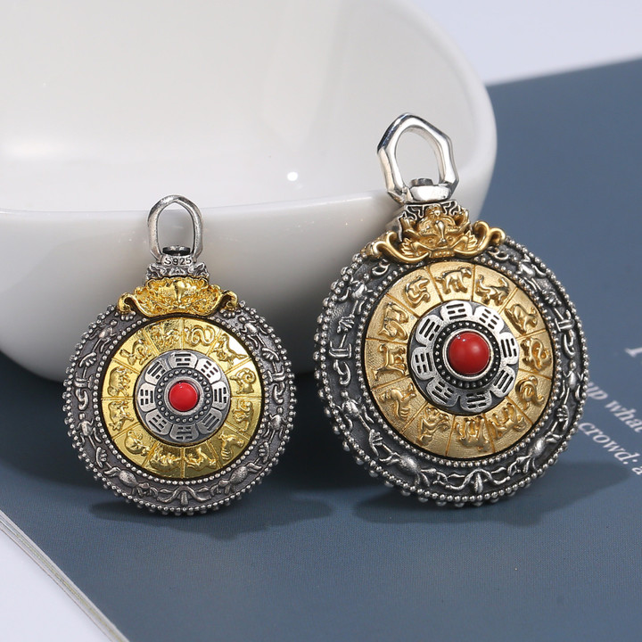 Tibetan Nine Palaces & Gossip Buddhist Ornaments Retro Pendant 925 Sterling Silver Personalized Creative Pendant