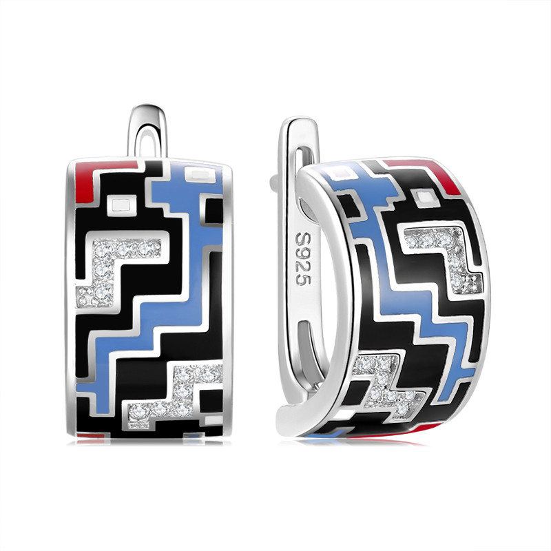 Blue Geometric Checkered Pattern 925 Sterling Silver Enamel Huggie Earrings