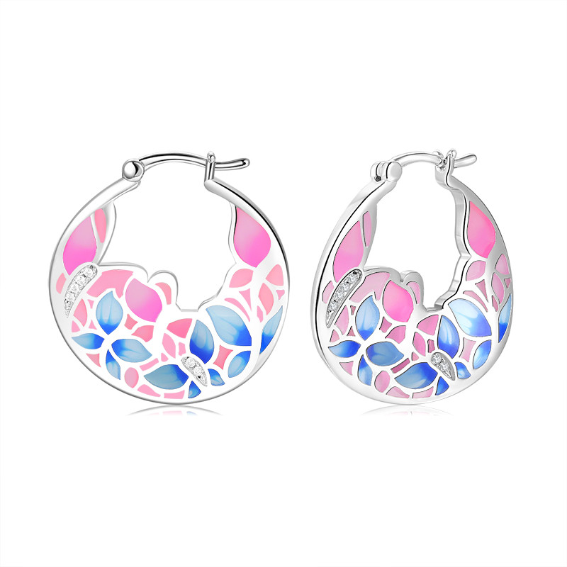 Blue Pink Flower Petals 925 Sterling Silver Hook Earrings