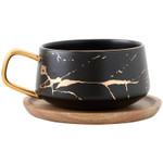 300ml Luxury matte ceramic marble tea coffee Cups and with wood Saucers black and white gold inlay ceramic cups