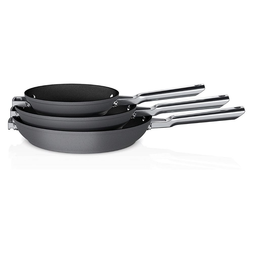 Ninja C53000 3-Piece Fry Pan Set Foodi Neverstick Aluminum Grey Premium Anti-Scratch Nesting Cookware Gray