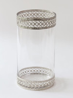 Tall Glass Vase w/ Ornate Silver Metal Rims