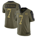 Men's Olive Pittsburgh Steelers #7 Ben Roethlisberger 2021 Camo Salute To Service Limited Stitched Jersey Nfl
