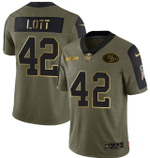 Men's Olive San Francisco 49Ers #42 Ronnie Lott 2021 Camo Salute To Service Golden Limited Stitched Jersey Nfl