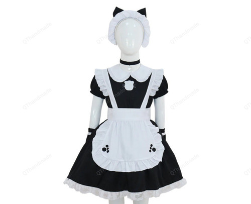 FULL SET Black Cute Cat Maid Outfits Cosplay Costumes Girls Suit for Halloween Japanese Child Soft Women Clothes/Punk Elegant A Line Dress