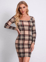 Women Square Neck Fitted Plaid Dress
