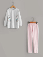 Girls Unicorn Print Pullover & Striped Side Pants Set