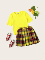 Girls Rib-Knit Top And Tartan Pleated Skirt Set