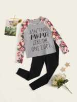 Girls Floral Sleeve Slogan Graphic Top & Leggings Set