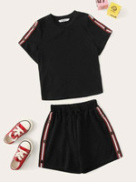 Girls Contrast Tape Button Detail Top And Shorts Set