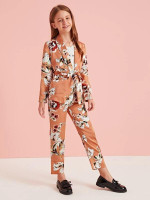 Girls Shawl Collar Floral Print Satin Blazer & Pants Set