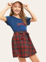 Girls Letter Print Top & Tartan Skirt Set