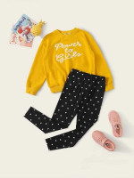 Girls Slogan Graphic Pullover & Heart Print Pants Set