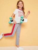 Girls Striped Neck Tee And Contrast Sideseam Pants Set