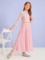 Girls Zip Back Guipure Lace Top & Pleated Skirt Set