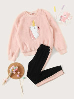 Girls Unicorn Patched Teddy Pullover & Striped Side Leggings Set
