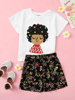 Girls Figure With Pom Pom Tee & Floral Shorts Set