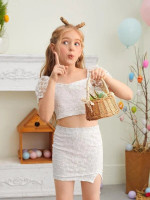 Girls Puff Sleeve Embroidery Mesh Top & Split Hem Skirt Set