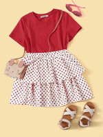 Girls Solid Top & Polka Dot Print Layered Skirt Set