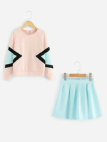 Girls Color Block Top & Skirt Set