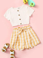 Girls Button Up Ribbed Tee & Belted Gingham Shorts Set