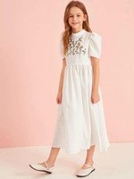 Girls Mock-Neck Embroidery Front Puff Sleeve Dress