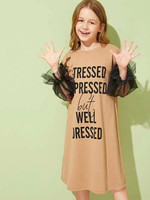 Girls Mesh Lantern Sleeve Slogan Print Tunic Dress