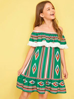 Girls Ruffle Trim Fringe Detail Aztec Print Bardot Dress