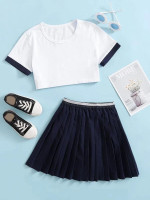 Girls Contrast Trim Tee With Pleated Skirt