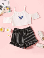 Girls Butterfly Print Cold Shoulder Crop Tee With Striped Shorts