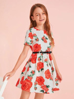 Girls Floral Print Jacquard Flare Dress With Belt