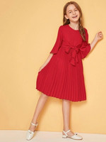Girls Bell Sleeve Tie Front Pleated Dress