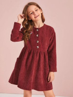 Girls Patched Detail Button Front Flare Corduroy Dress