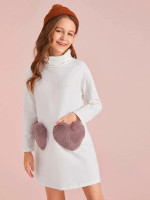 Girls Turtleneck Faux Fur Heart Pocket Dress