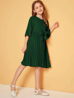 Girls Tie Front Pleated Dress